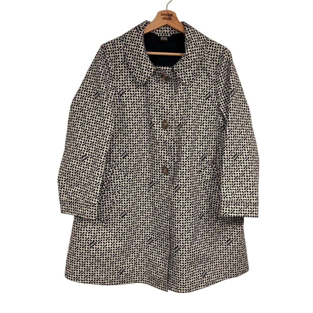 Coach Classic Monogram Spring Rain Coat SZ 12 Peter Pan Collar, Navy & White EUC